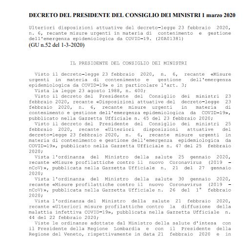 DECRETO DEL PRESIDENTE DEL CONSIGLIO DEI MINISTRI 1 Marzo 2020 – IPAA ...